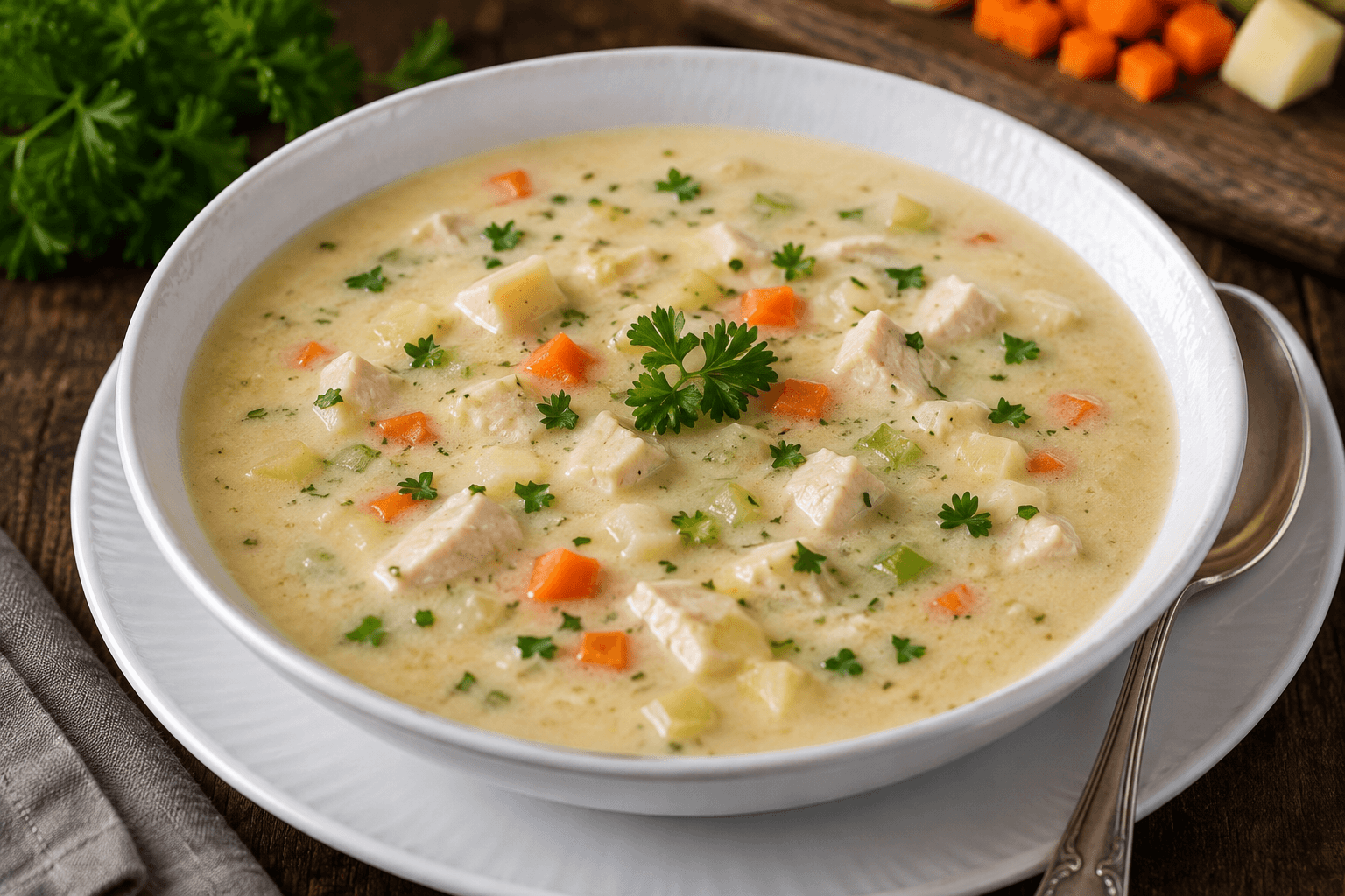 Gebundene Geflügelrahmsuppe mit Hähnchen und Gemüsewürfeln
