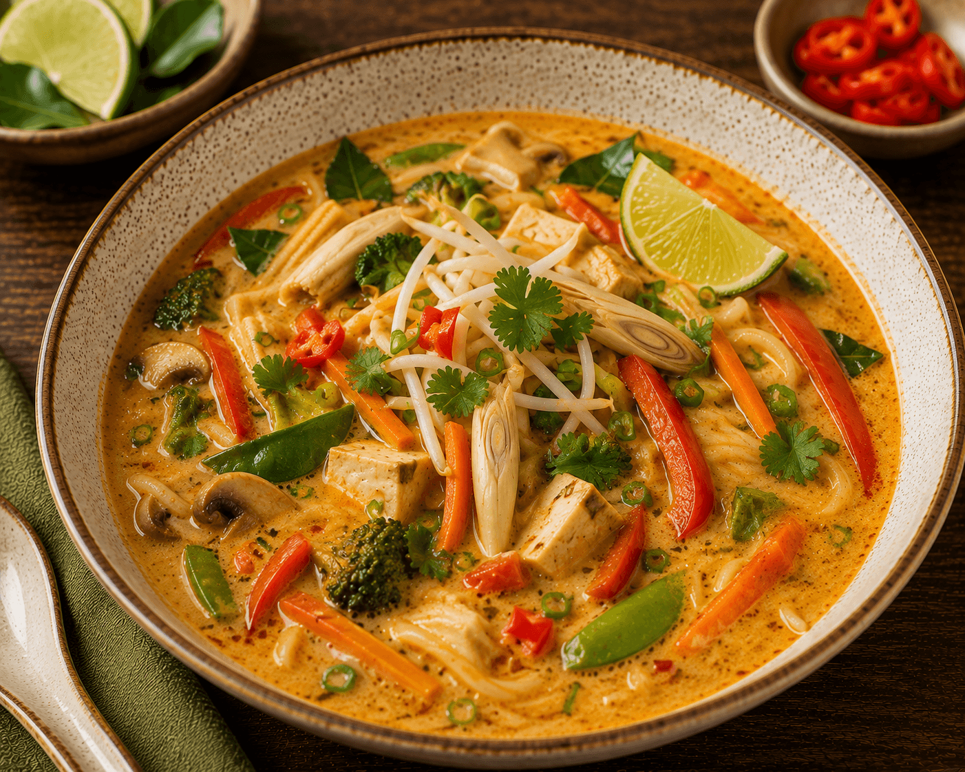 Asiatische Gemüse-Laksa mit Tofu, Kokosmilch, Zitronengras und Limettenblättern