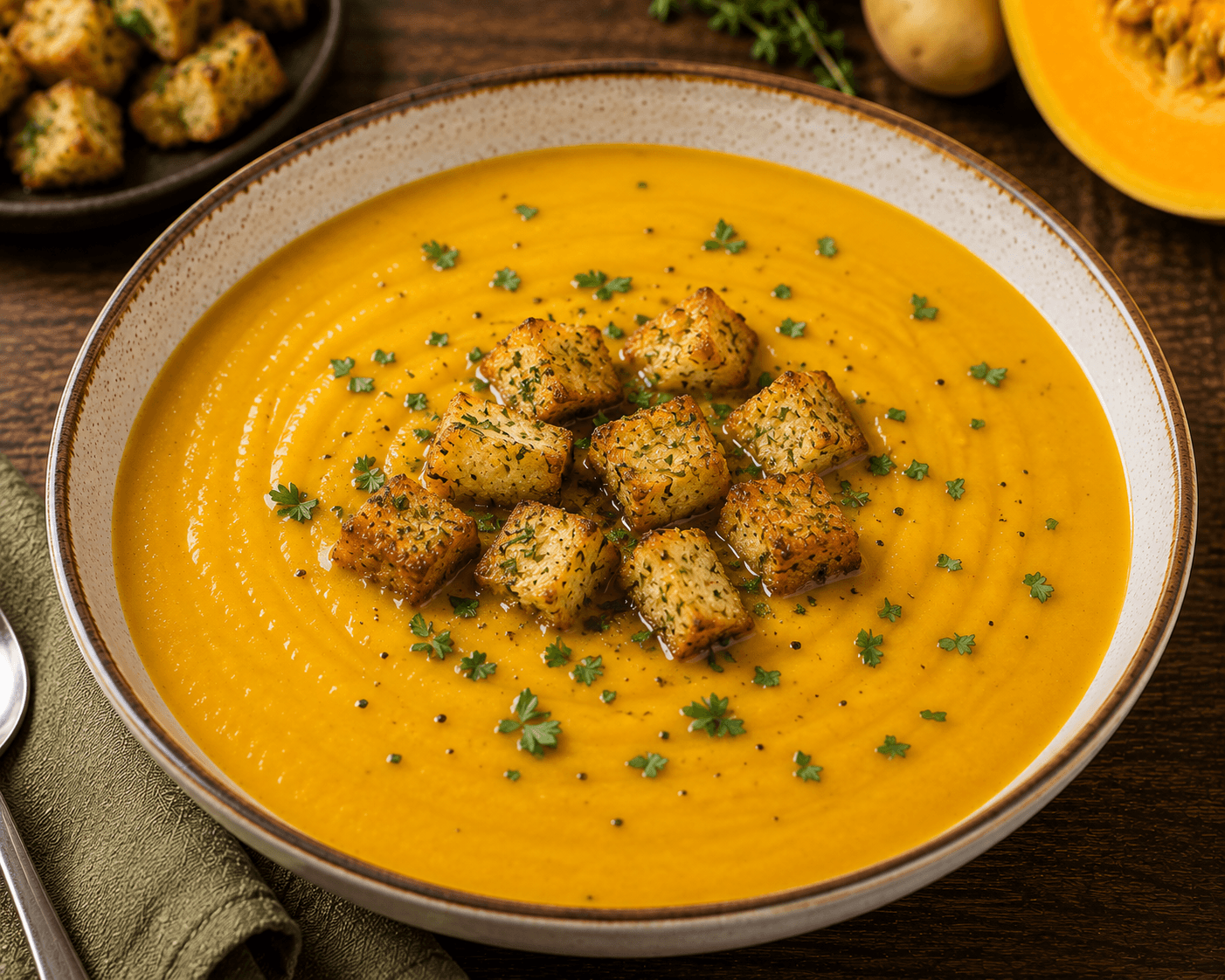 Kartoffel-Kürbis-Creme-Suppe mit Kräutercroutons