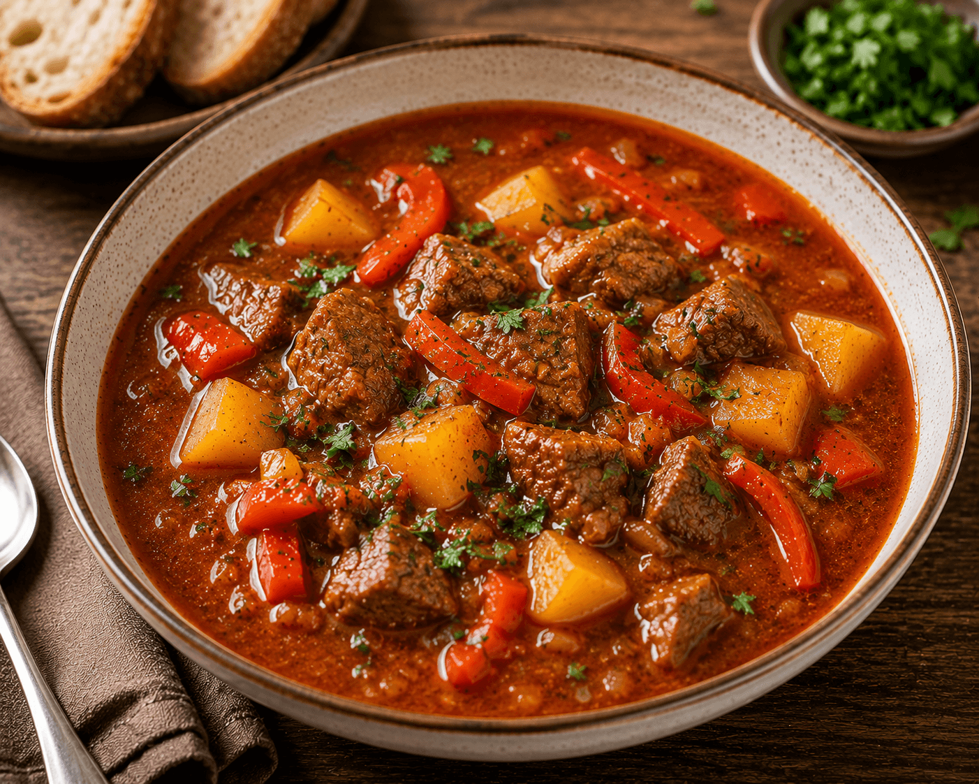 Rindergulaschsuppe mit Kartoffelwürfeln und Paprikastreifen