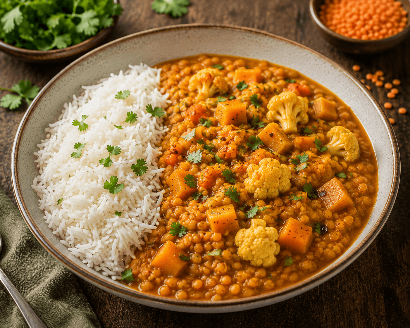 Rotes Linsen-Dal mit Gemüse, Kokosmilch und Basmatireis